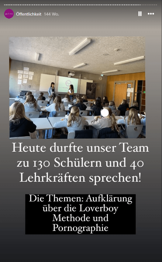 Instagram-Story-Highlight zu Hope e.V. an Schulen: Heute durfte unser Team zu 130 Schülern und 40 Lehrkräften sprechen. Die Themen: Über ein Foto aus einem Klassenzimmer steht geschrieben: "Aufklärung über die Loverboy-Methode und Pornografie.!
